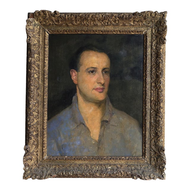 Captivating Portrait of a Man in an Open Shirt, Original Antique Oil Painting, Early 20th Century For Sale