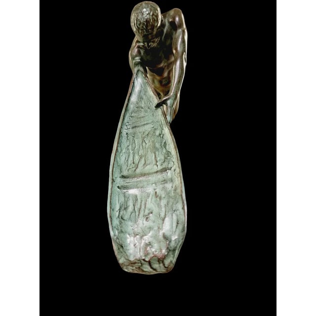 1930s Max Le Verrier, Art Deco Nude Male Figure Pushing a Boat, 1930s, Metal For Sale - Image 5 of 8