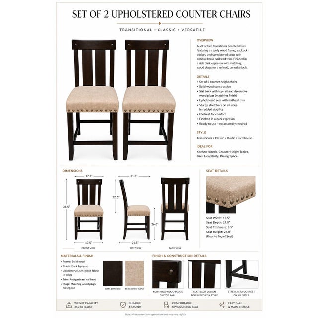 Counter Height Stools, Set of 2, Upholstered With Nailhead Trim, Dark Wood For Sale - Image 4 of 5