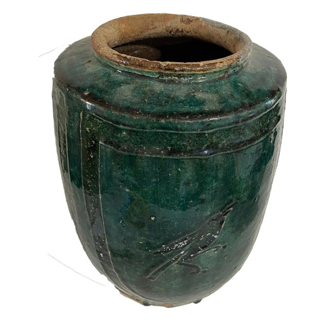 Turquoise Vintage Chinoiserie Glazed Turquoise Rustic Jar/Urn W/Birds For Sale - Image 8 of 8
