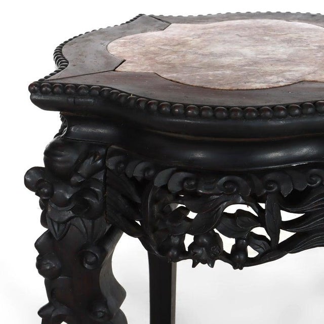 Antique Chinese Carved Rosewood Rouge Marble Top Claw & Ball Foot Stand C1910 For Sale - Image 4 of 8