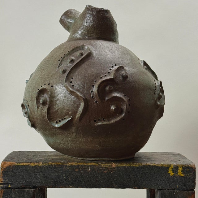 Vintage Monumental Modernist Sculptural Three-Spout Stoneware Vessel, Signed Dimensions: 12"H × 12"D Monumental stoneware...