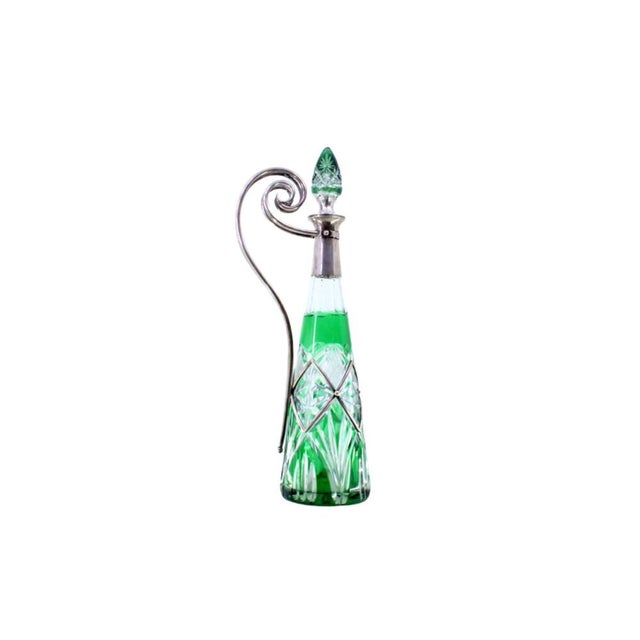 Wine Bottle in Cut Green Glass with Silver Frame and Smooth Handle with Curls For Sale - Image 9 of 9