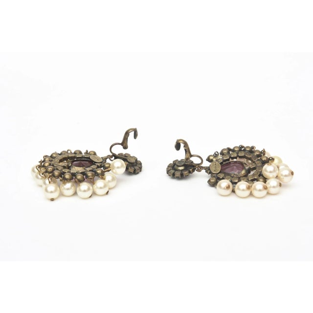 Metal Vintage Kenneth Jay Lane Green, Purple Pearl Dangle Chandelier Clip On Earrings - 2 Pieces For Sale - Image 7 of 7
