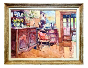 Auguste Drouot, Provencale French Interior View, 1920s, Watercolor, Framed