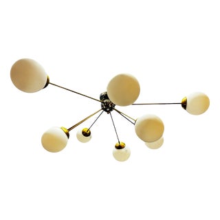 Vintage Sputnik Ceiling Light in Brass and Opaline Glass, Italy, 1980s For Sale