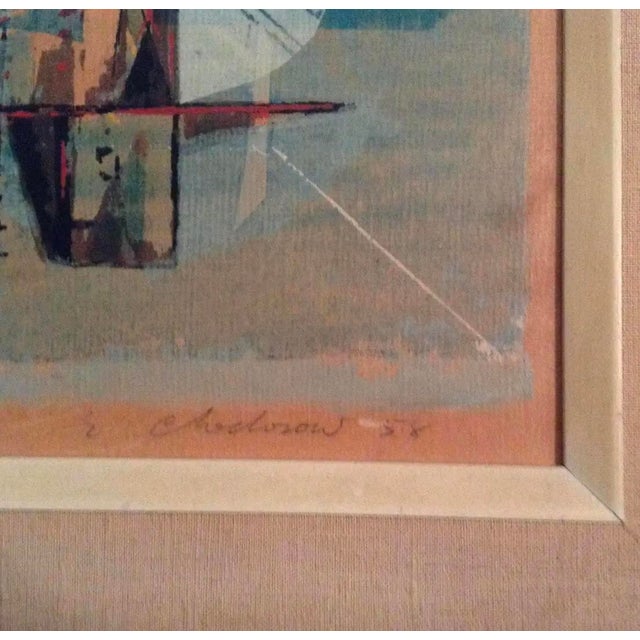 Framed Serigraph by signed artist and dated 1958, titled “AERIAL CITY”. Double signed by artist in pencil. Framed 36” x 19...