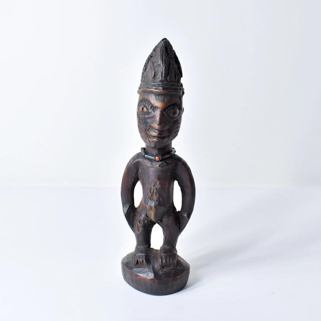 African Early 20th Century Yoruba Ibeji Male Figure With Glass Bead Necklace Nigeria For Sale - Image 3 of 13