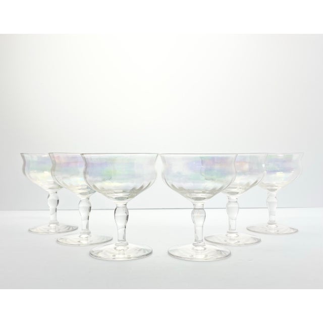 1960s 6 Lustre Iridescent Rainbow Pearl Optic Coupe Champagne Glasses 4 1/2” 6oz No chips, cracks, or fleabites. Height 4...