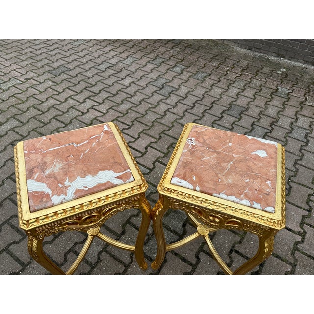 1970 French Louis XVI Gold Beech Pink Marble Tables - Pair For Sale - Image 10 of 17