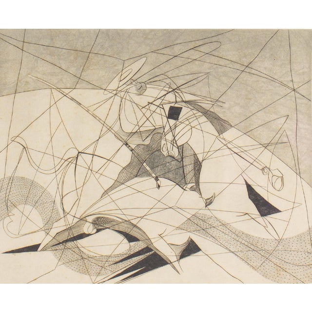 An abstract etching, titled Blood and Sand, by the American artist Daniel Philip Platt. This piece features a bull-like...