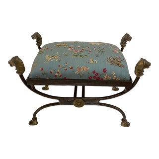 Antique Mid 20th Century Italian Giacometti Style Wrought Iron Stool With Bronze Finials, Medallions and Feet For Sale