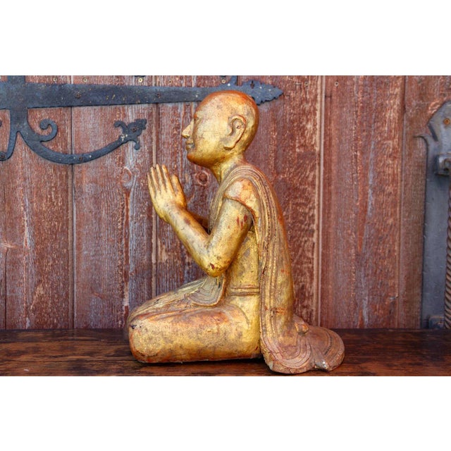 Antique Burmese Gilded Praying Monk For Sale - Image 4 of 8