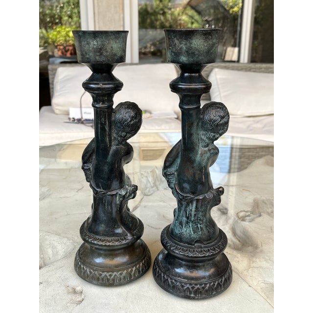 Metal Vintage French Style Patinated Brass and Bronze Figural Cherub Putti Candlesticks - A Pair For Sale - Image 7 of 13
