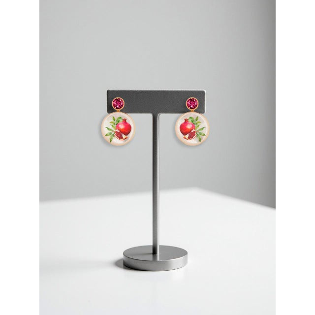 Mother of Pearl Shell Stud Earrings With Garnet and Pomegranate Painting, A Pair For Sale - Image 4 of 6