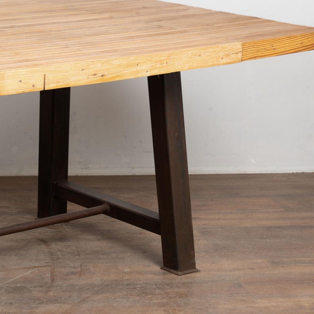 Reclaimed Bowling Lane Wood Top Industrial Dining or Work Table For Sale - Image 11 of 13