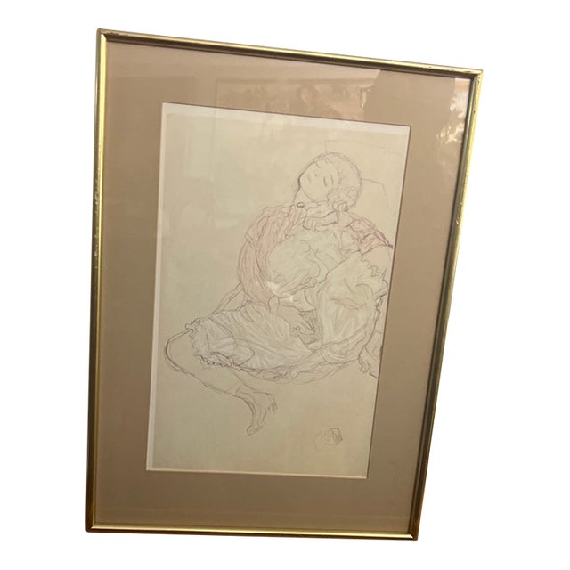 1910s Print of Panicle Drawing Coloured Sketch on Paper by the Austrian Symbolist Painter Gustav Klimt of a Reclining Figure For Sale