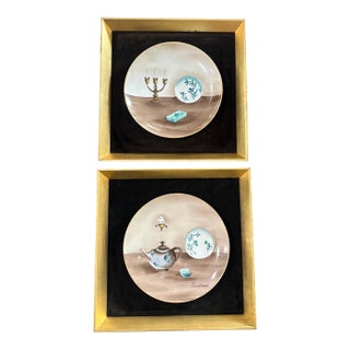 Vondora Signed Andrea by Sadek Porcelain Still Life Plates in Gold Frames Pair Vintage For Sale