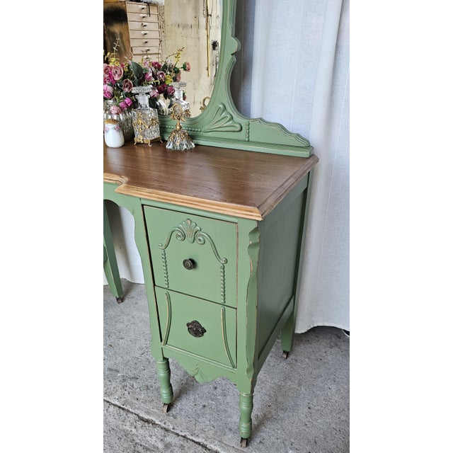 1930s Vanity With Mirror, Vintage Piece, Circa 1930's, Green Boho Style For Sale - Image 5 of 14