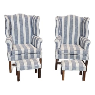 Late 20th Century Pair Mahogany Chippendale Style Wing Chairs W Matching Footstools Gray Fabric For Sale