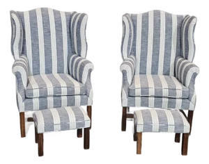 Late 20th Century Pair Mahogany Chippendale Style Wing Chairs W Matching Footstools Gray Fabric