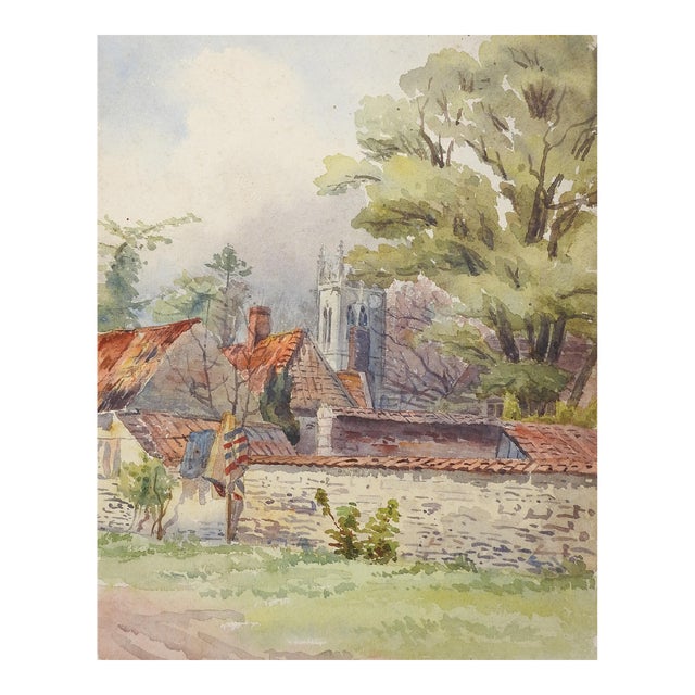 Antique Pastoral Village Watercolor Painting Fulbeck England For Sale