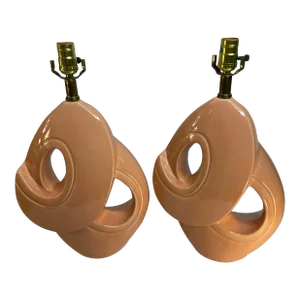 Pair Vintage 1960s Mid-Century Modern Abstract Swirl Sculptural Peach Cerami 3 Way Table Lamps