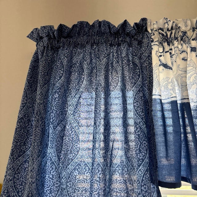 2020s Blue Oriental Cafe Curtains 45 Length Kitchen / Bathroom Set of 2 Panels & 2 Valances 16 X45 Wide For Sale - Image 5 of 10