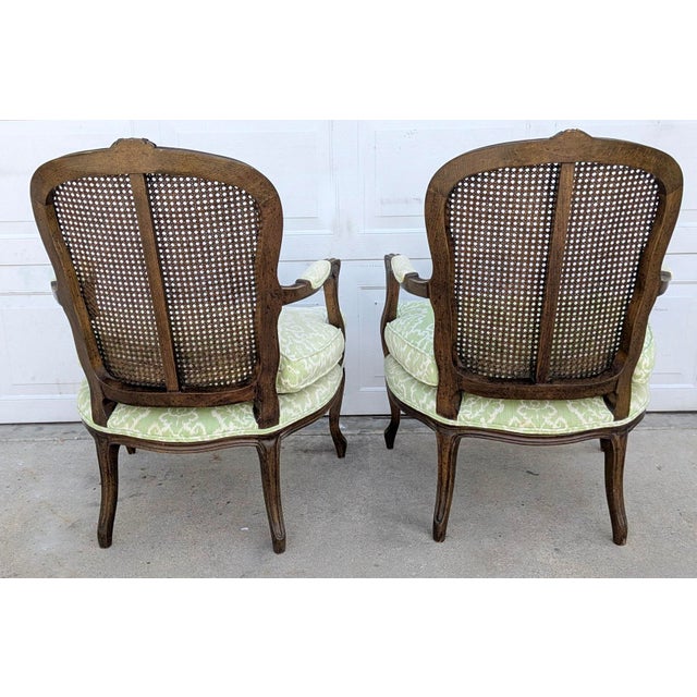 Pair of Vintage French Louis XV Style Carved Wood & Cane Fauteuil Armchairs For Sale In Los Angeles - Image 6 of 7