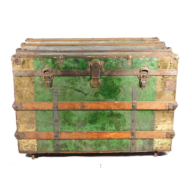 Late 19th C. Steamer Trunk With Green Crystallized Tin Paneling, with travel labels, double latch and lock hardware,...