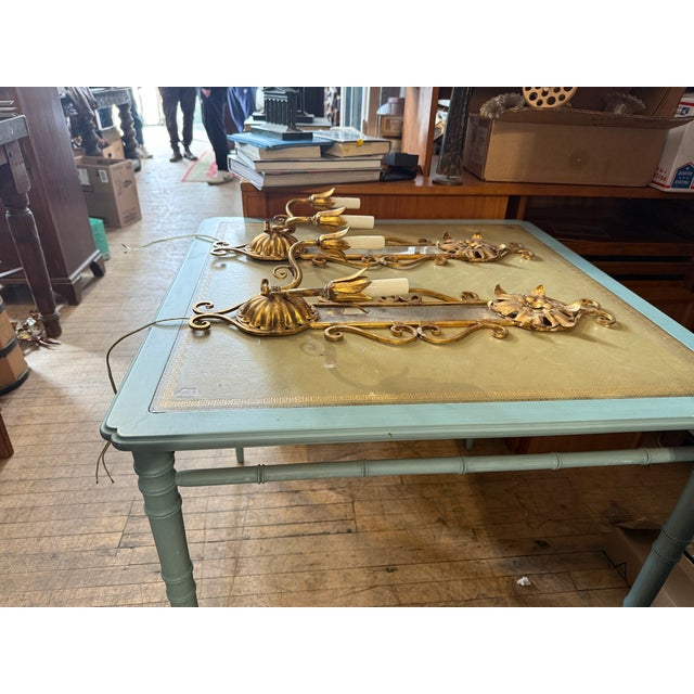 Bronze Pair of Vintage Ornate Two Arm Golden Tone Gilt Metal Wall Sconces For Sale - Image 8 of 8
