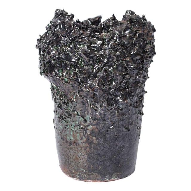 Green and Black Vase with Texture by Helder For Sale