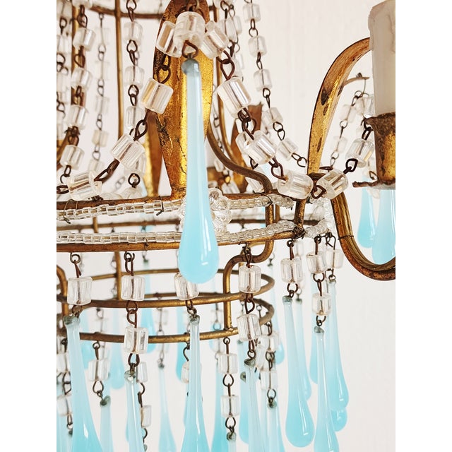 Vintage Gilt Metal Italian Chandelier With Blue Opaline Crystals For Sale - Image 10 of 12