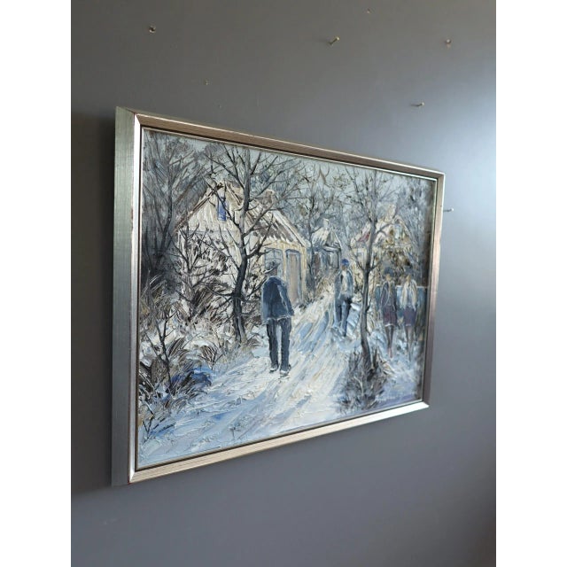 Mid-Century Modern 'Winter Lane' Vintage Swedish Expressive Village Street Scene Oil Painting, Framed For Sale - Image 4 of 11
