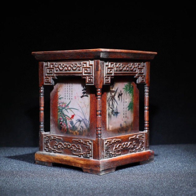 1960s Carved Hardwood Square Brush Pot, Chinoiserie Four Gentlemen Pen Holder For Sale In Los Angeles - Image 6 of 9