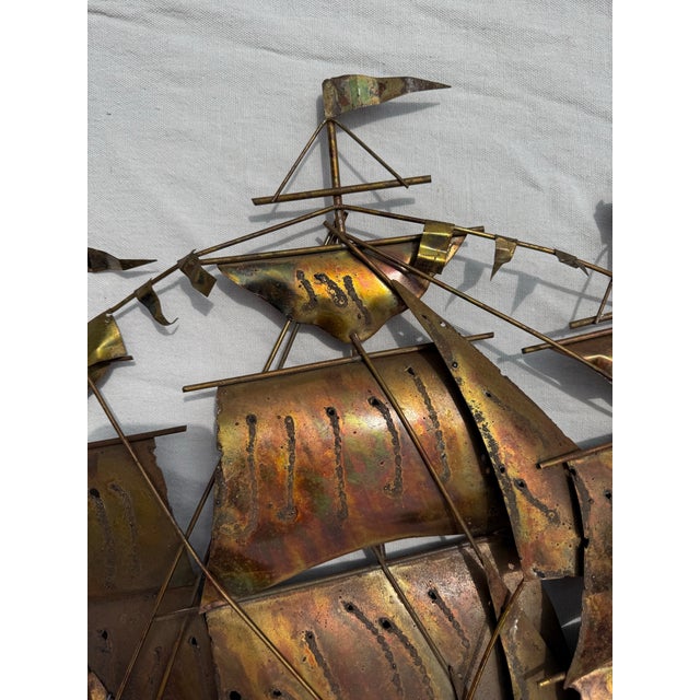 Copper Brutalist Flame Torch-Cut Copper Metal Schooner Ship Wall Sculpture Art For Sale - Image 8 of 10