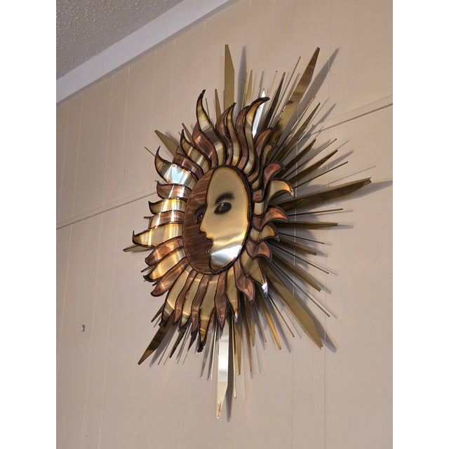 Brass Vintage MCM Brutalist Metall Brass Wall Sculpture by Curtis Jere "Sun and Moon" For Sale - Image 8 of 8