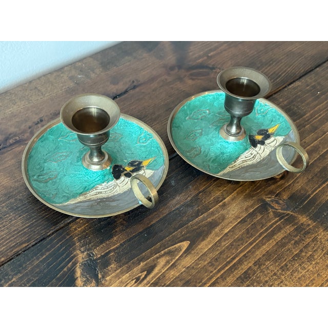 Rustic Vintage Enameled Candlestick Holders With Duck Motif For Sale - Image 3 of 6