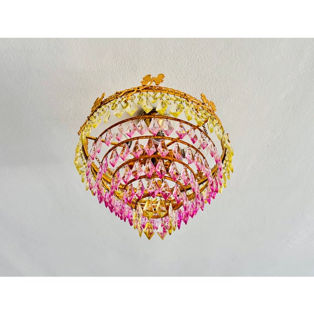Glass 1970s Vintage Brass Butterfly Motif Flush Mount Chandelier With Pink & Green Crystals – 6 Light For Sale - Image 7 of 14