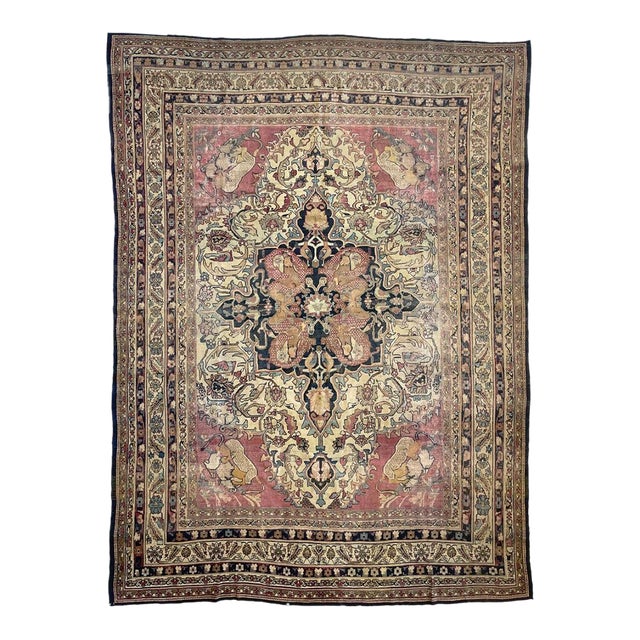 1880's Antique Persian Kerman Lavar "LION VS BULL" Rug 9.2 x 12.5 For Sale