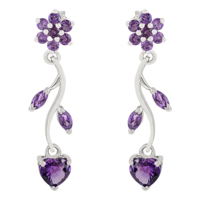 Classic Leaf Style Amethyst Earrings in 925 Sterling Silver Two Piece by Carat&her For Sale