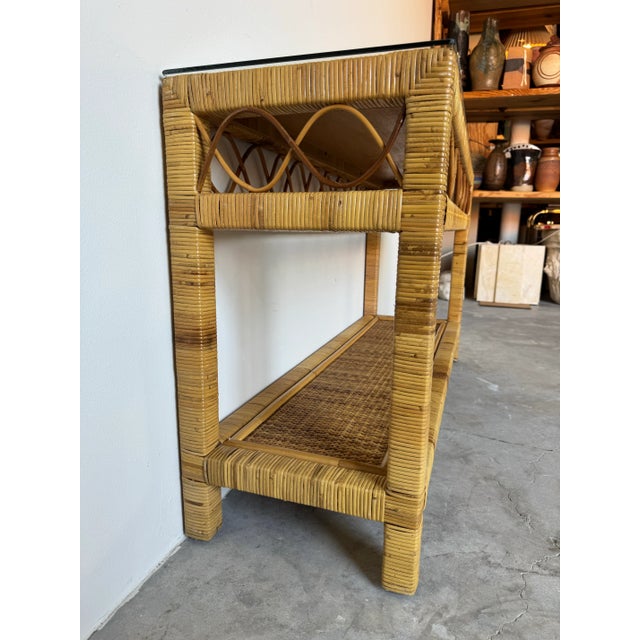Vintage Coastal Rattan Two-Tier Console Table With Glass Top/Sold For Sale - Image 12 of 12