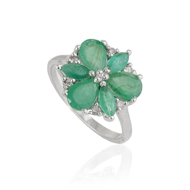 Emerald & Diamond Floral Statement Ring in 925 Sterling Silver, Us Size 7.5 For Sale - Image 6 of 15