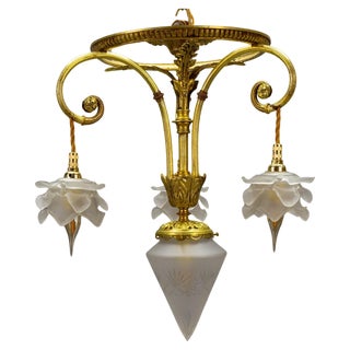 French Louis XVI Style Bronze and Frosted Glass Four-Light Pendant Chandelier, 1920s For Sale