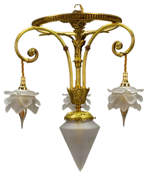 French Louis XVI Style Bronze and Frosted Glass Four-Light Pendant Chandelier, 1920s