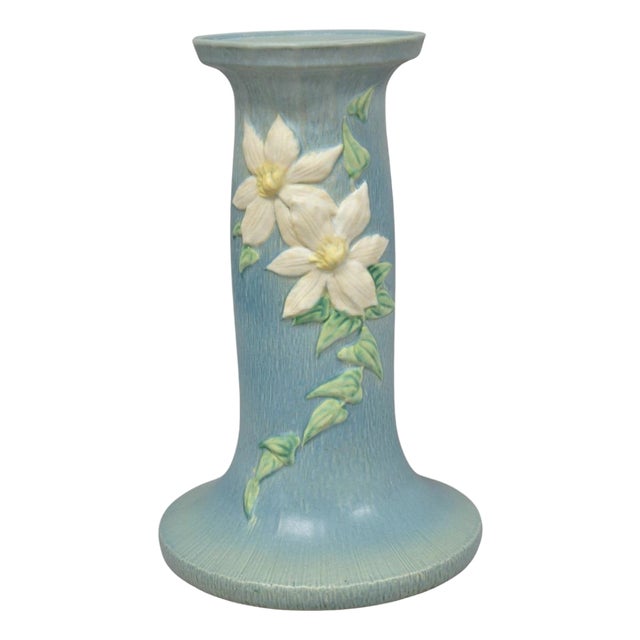 Vintage Roseville Usa Blue Clematis Flower Art Pottery Jardiniere Pedestal Base For Sale