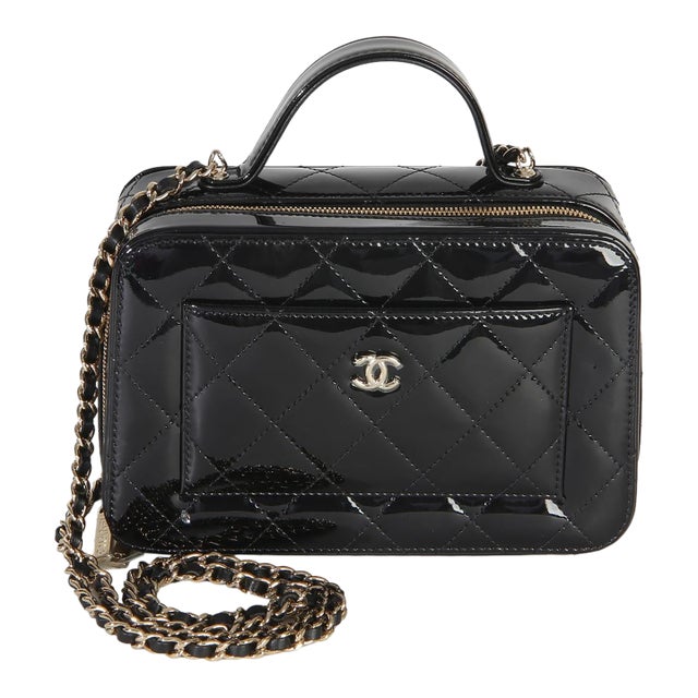 Black Quilted Patent Top Handle Vanity With Chain For Sale