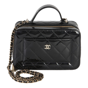 Black Quilted Patent Top Handle Vanity With Chain