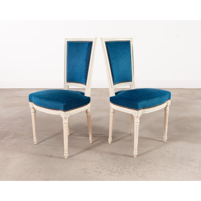 Mid 20th Century Set of Eight Louis XVI Style Painted Dining Chairs in Blue Velvet For Sale - Image 5 of 18