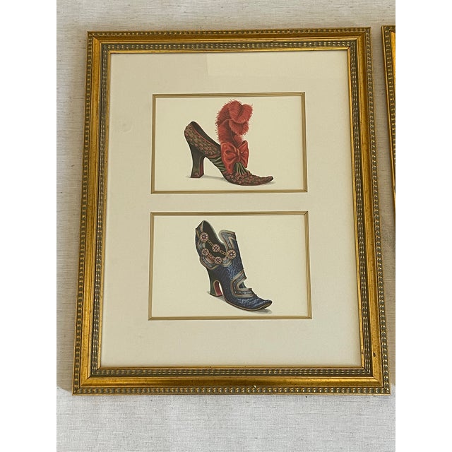 Glass Vintage Antique Chromolithographs in Gold Frames Marie Antoinette Fashion Shoes - A Pair For Sale - Image 7 of 8